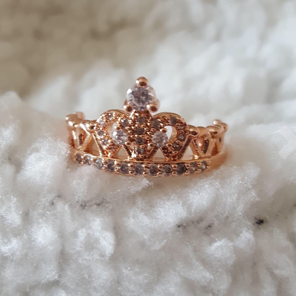 Rose Gold Plated Princess Tiara CZ Diamond Ring - Picture 3 of 4